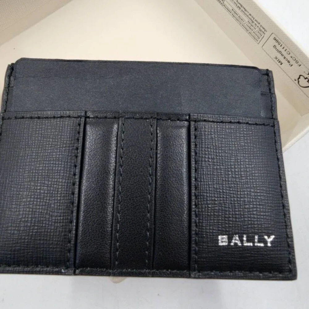 Bally Elegant Leather Card Case Unisex One Size Black Silver-Tone Logo Lettering